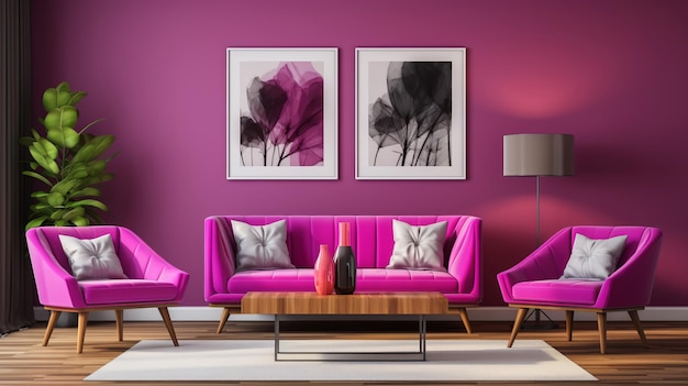 Disegno del divano del soggiorno rosa con arredamento moderno concetto di idea di layout interno