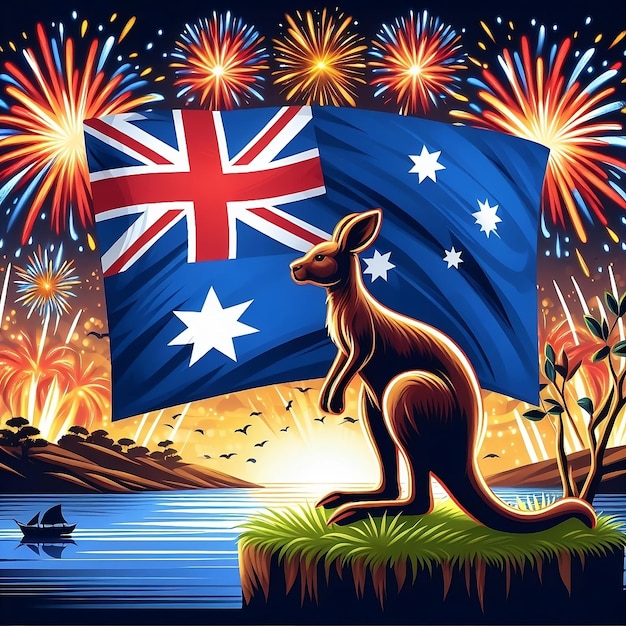 Disegno del giorno dell'Australia di canguro e bandiera con illustrazione di fuochi d'artificio utilizzabile per annunci sui social media