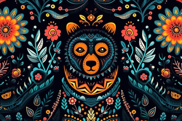 Disegno del modello con testa di orso e fiori e foglie Illustrazione di animali della fauna selvatica IA generativa