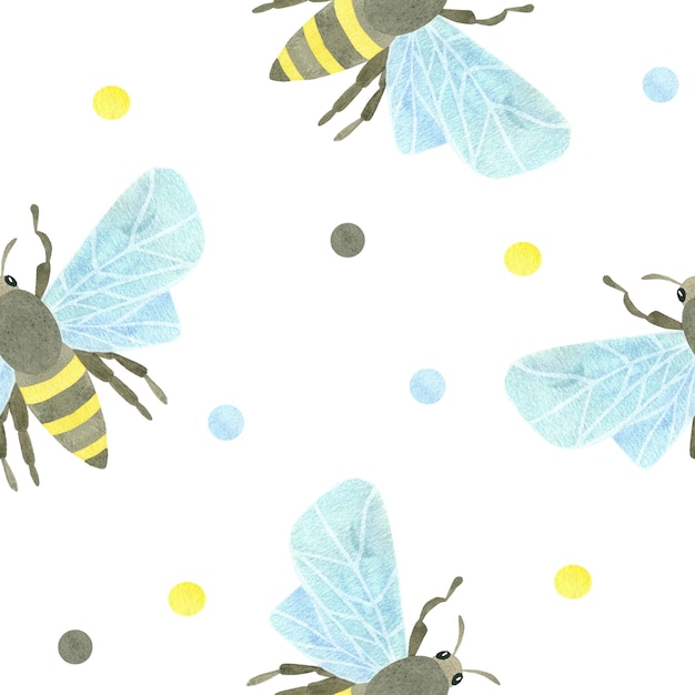 Disegno del primo piano senza cuciture con api mellifere e macchie di acquerello multicolori su sfondo bianco