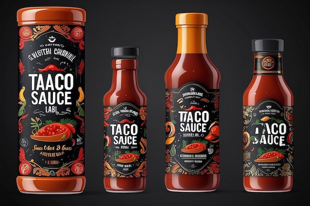 Disegno dell'etichetta della salsa BBQ disegno dell' Etichetta della sauce Taco imballaggio di alimenti messicani barbecue salsa piccante illustrazione vettoriale dell'etchetta di imballaggio