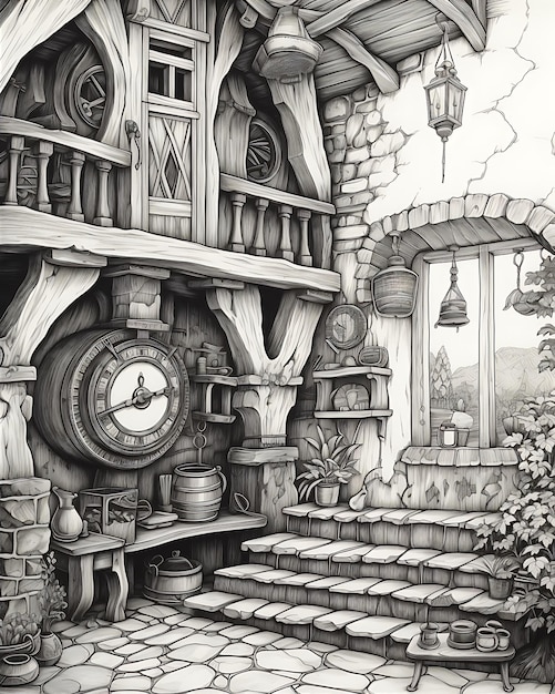 Disegno dell'interno di un cottage con camino