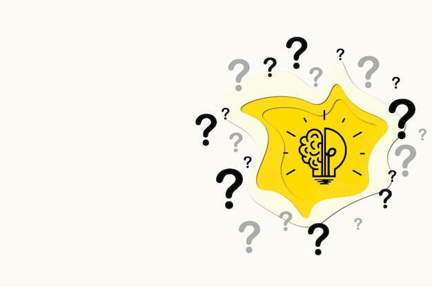Disegno della lampadina all'interno della carta perforata con punto interrogativo per l'idea del pensiero creativo