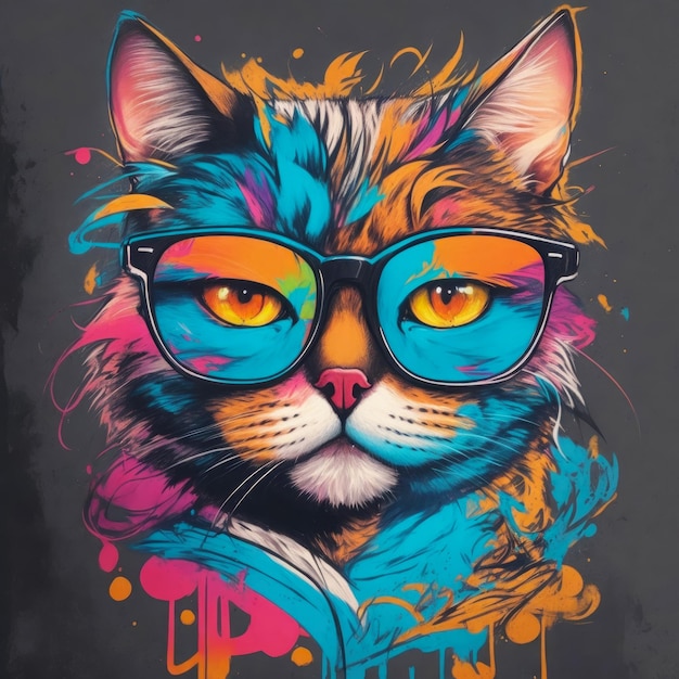 Disegno della maglietta dell'illustrazione del gatto con i pennelli colorati della spruzzata