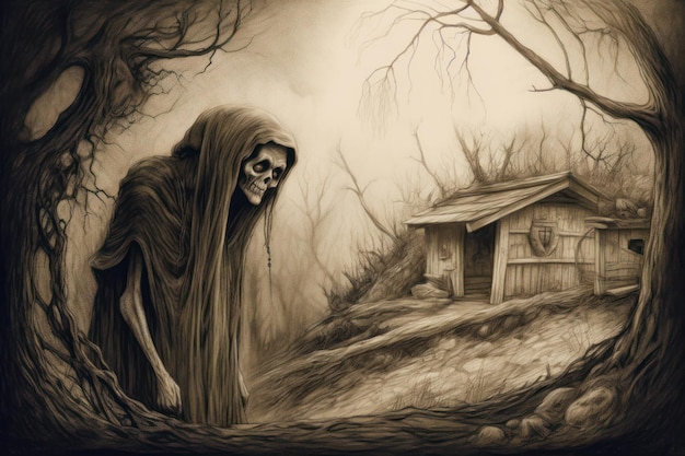 Disegno dello scheletro davanti alla casa con il fantasma di fronte IA generativa
