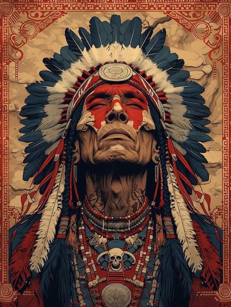 Disegno dello sciamano della tribù in copricapo d'osso e pelli di animali tra i suoi banner pubblicitari poster flyer art