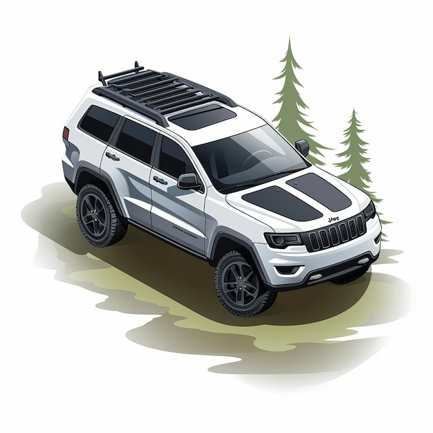 Disegno dettagliato del personaggio Jeep Cherokee bianca Icon Car In Forest