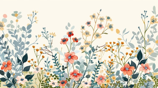 Disegno dettagliato di sfondo botanico di piante e rami fioriti Fiori morbidi e delicati multicolori Foglie Bel disegno di fiori selvatici Illustrazione moderna piatta a colori