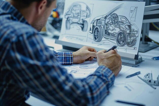 Disegno dettagliato di una parte di un'auto da parte di un ingegnere di progettazione dell'industria automobilistica incentrato su un'immagine di alta qualità