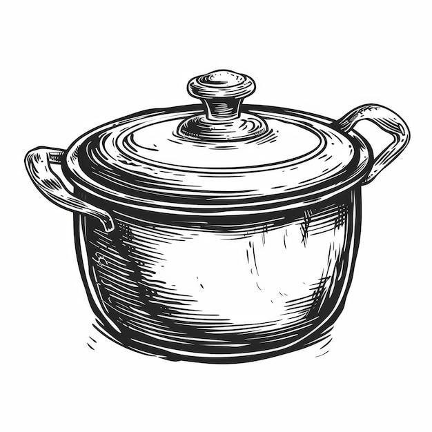 Disegno dettagliato in bianco e nero di una pentola tradizionale con coperchio