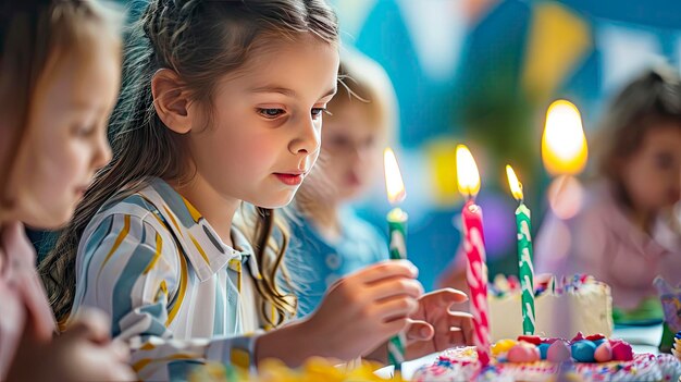 Disegno di bambini a una festa di compleanno con palloncini e una torta