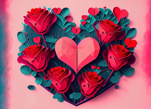 disegno di banner artistico di rose rosse e cuore di carta su valentine