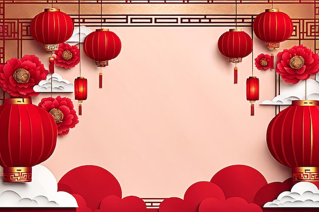 Disegno di banner di sfondo per il nuovo anno cinese con lanterna di carta cinese peonia in fiore