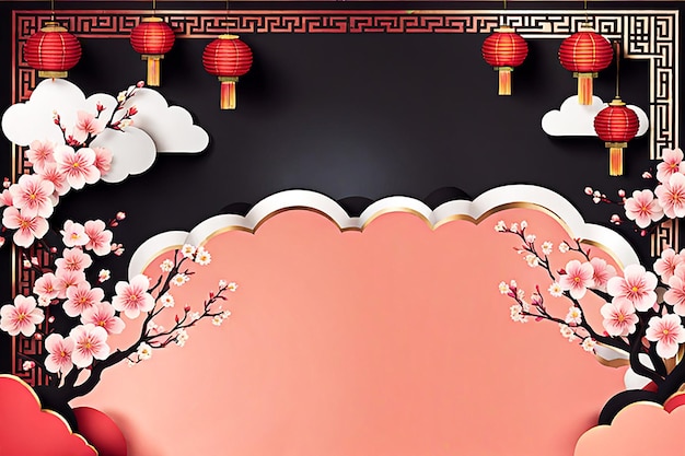 Disegno di banner di sfondo per il nuovo anno cinese con lanterna di carta cinese peonia in fiore