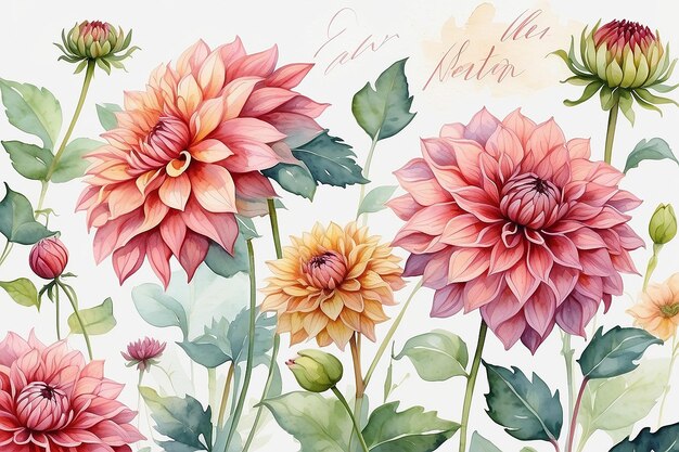 Disegno di biglietti di augure d'acqua con fiori di dahlia