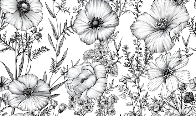 disegno di carta da parati con fiori selvatici sfondo line art