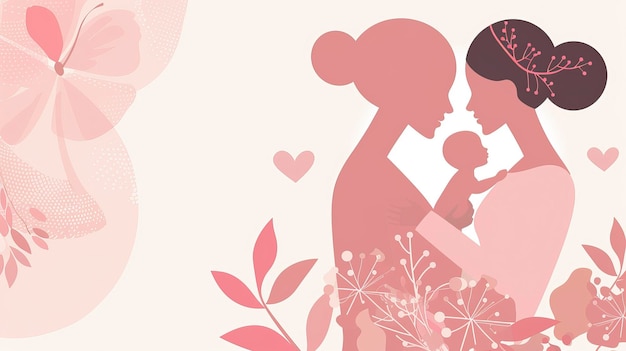 Disegno di carta di celebrazione della Festa della Madre con una silhouette di madre che tiene un bambino e il simbolo del cuore