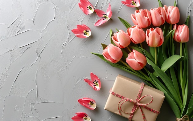 Disegno di carta per l'8 marzo con tulipani regalo e spazio per il testo