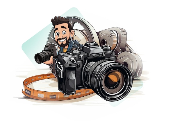 Disegno di cartone animato per un fotografo con una macchina fotografica e un rullino di film