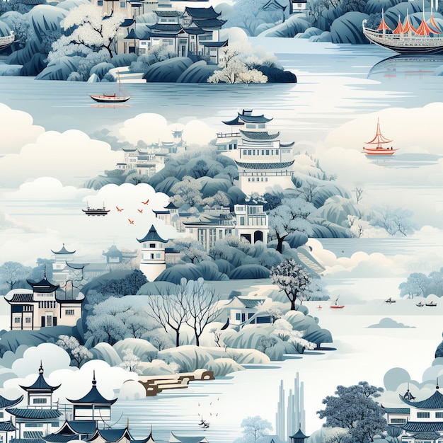 Disegno di chinoiserie senza cuciture con paesaggio in ai generativo orientale tradizionale