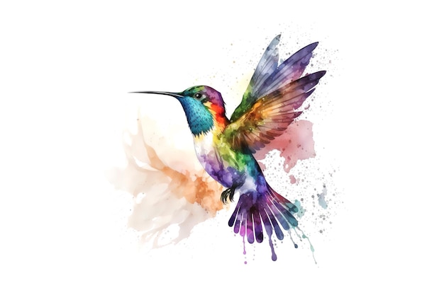 Disegno di colibrì con colori ad acquerello multicolori isolati su sfondo bianco generato dall'intelligenza artificiale