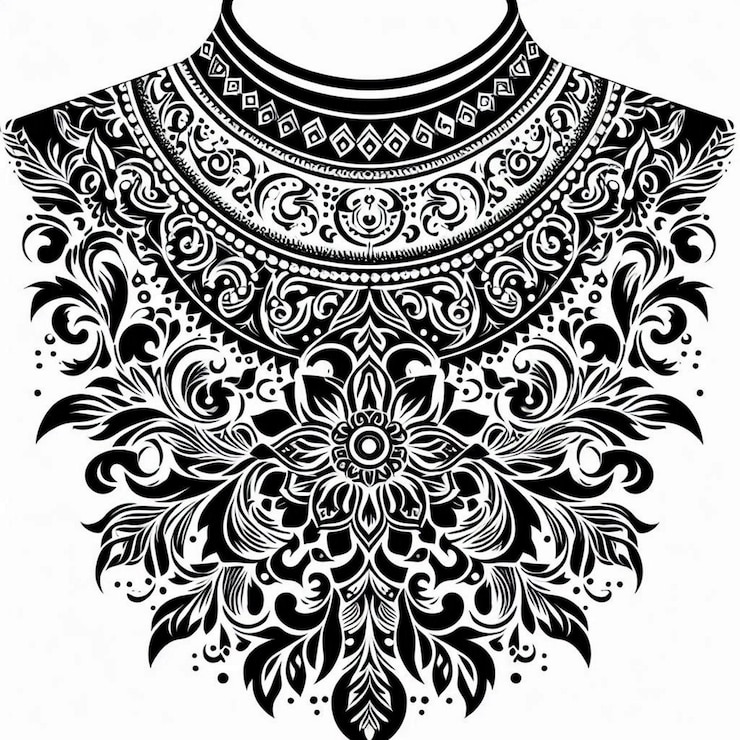 Foto disegno di collare a stencil per kameez sul retro e tatuaggio bianco in stile stencil a sfondo bianco