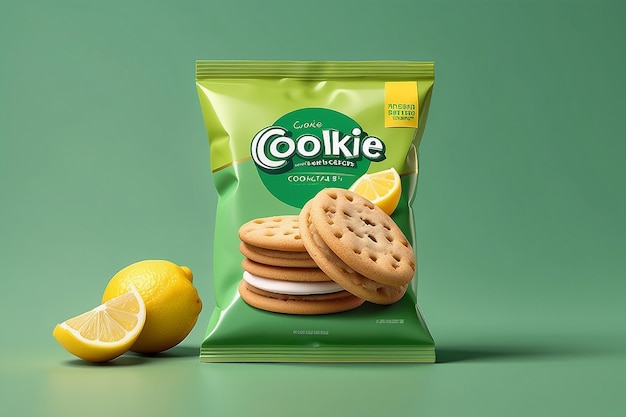 Disegno di confezione di biscotti per panini confezione alimentare in borsa di aluminio a sapore di limone isolata su sfondo verde