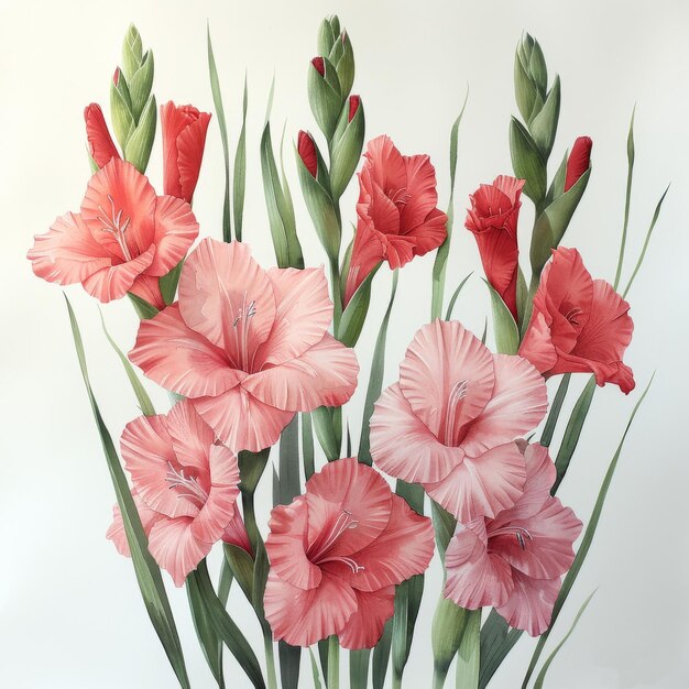 Disegno di fiori di gladiolo rosa e rosso in acquerello su uno sfondo bianco