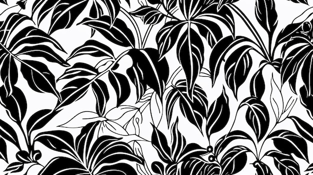 Disegno di foglie di piante tropicali bianche e nere cornice orizzontale