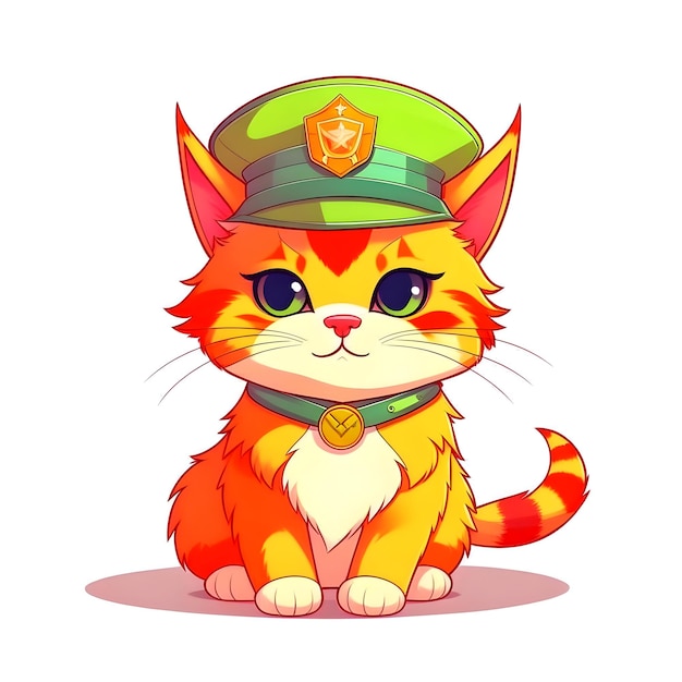 Disegno di gattino di zenzero con cappello e collare verde dell'esercito