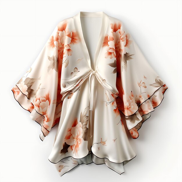 Disegno di giacca Kimono realizzata in seta con stampa floreale e isolata su bianco BG Blank