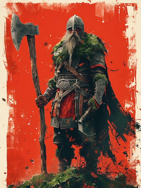 Disegno di guerriero vichingo con armatura d'acciaio coperta di muschio e ascia Banner di combattimento Pubblicità Poster Flyer Art