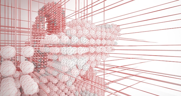 Disegno di interni bianchi architettonici astratti da una serie di sfere con grandi finestre illust 3D