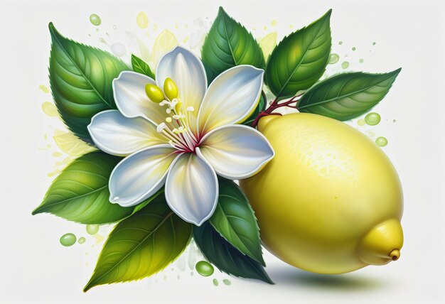 Disegno di limone e foglia con fiore su sfondo bianco