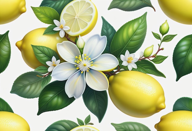 Disegno di limone e foglia con fiore su sfondo bianco