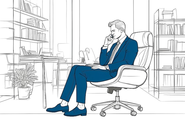 disegno di linea continua della situazione aziendale uomo seduto sulla sedia d'ufficio
