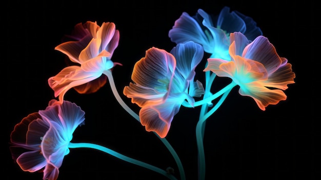 Disegno di luce di fiori al neon Linee di stile drammatico artistico su sfondo nero