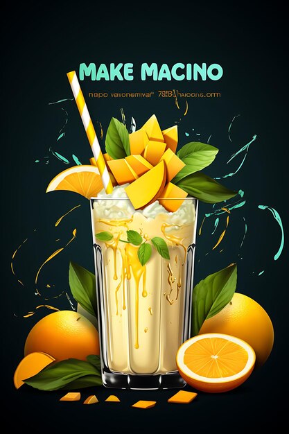 Disegno di Mango Shake Fresh Mango Slices e foglie di menta Decorazione Tr India Festival Poster Menu