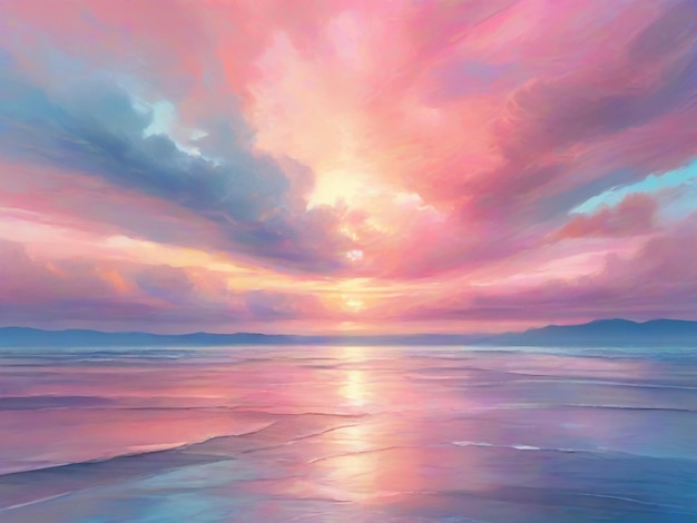 Disegno di mare luminoso tramonto alba cielo nei colori rosa e blu effetto di colore pastello chiaro