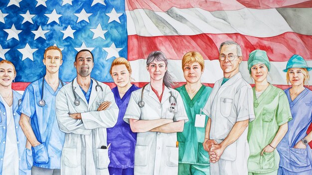 Disegno di medici sullo sfondo della bandiera americana uomo e donna concetto di striscione della Festa del Lavoro