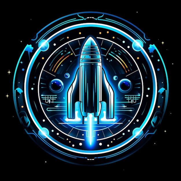 Disegno di navicella futuristica blu circolare linee di neon astronauta Dec Clipart T-shirt Design Glow