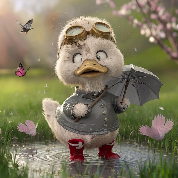 disegno di personaggi animati in 3D anatra bizzarra, sfocata e soffice con la testa grande