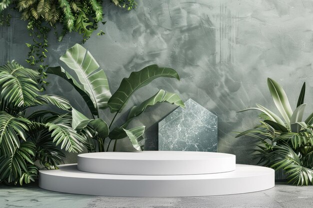 disegno di podio vuoto con sfondo di foglie verdi per l'esposizione dei prodotti