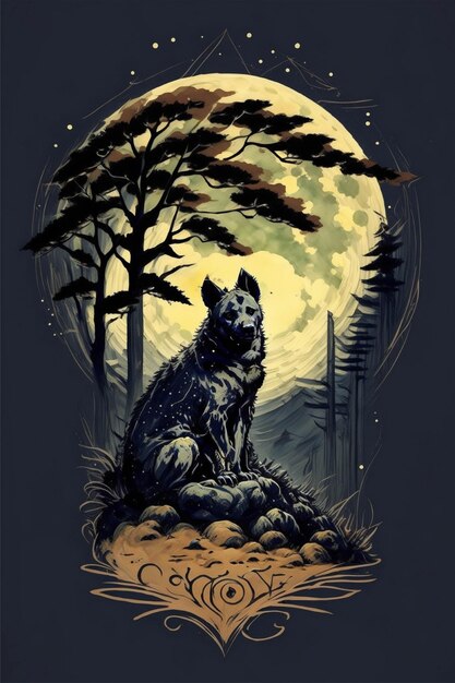 Disegno di progetto per tshirt iena nella foresta sotto l'illustrazione dell'immagine al chiaro di luna