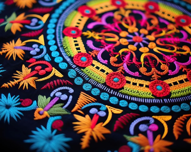 Disegno di ricamo messicano che mostra un colorato modello geometrico di mandala