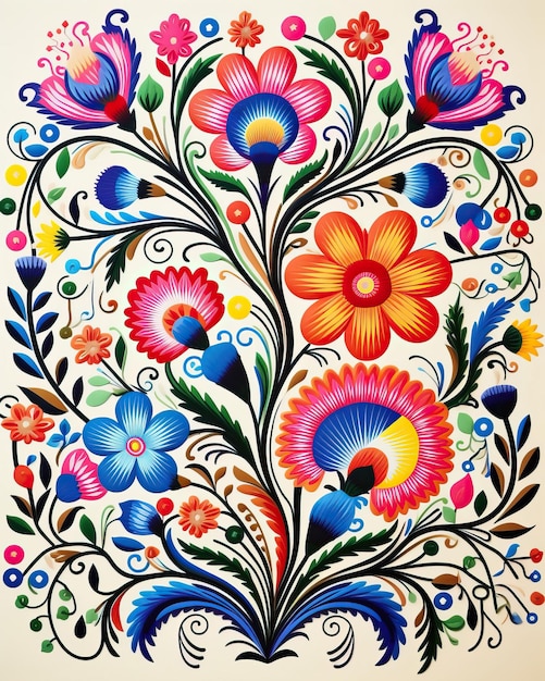 Disegno di ricamo messicano con intricati disegni di fiori colorati e viti fiorenti