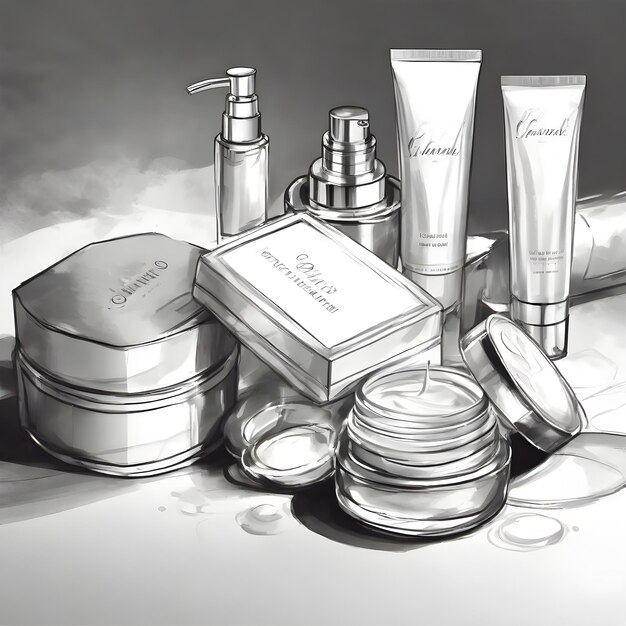 Disegno di schizzo di packaging cosmetico isolato su priorità bassa bianca