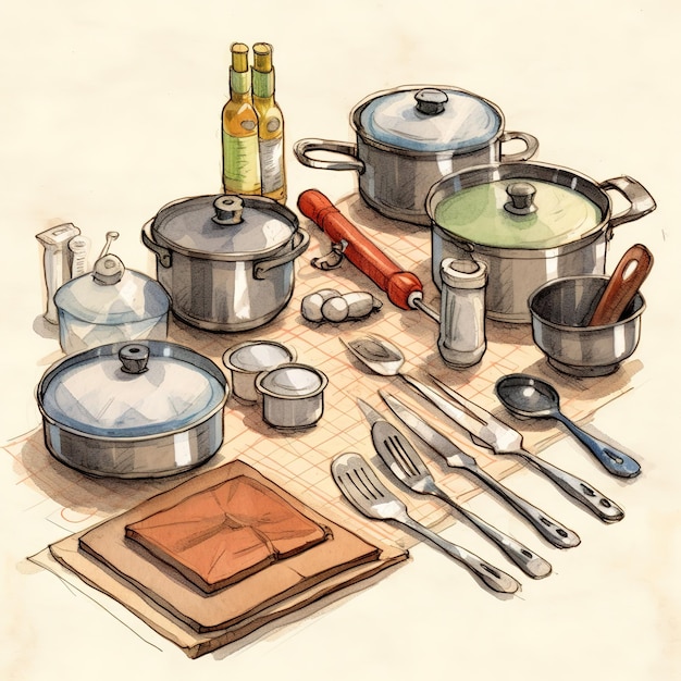 Disegno di schizzo di utensili da cucina retrò