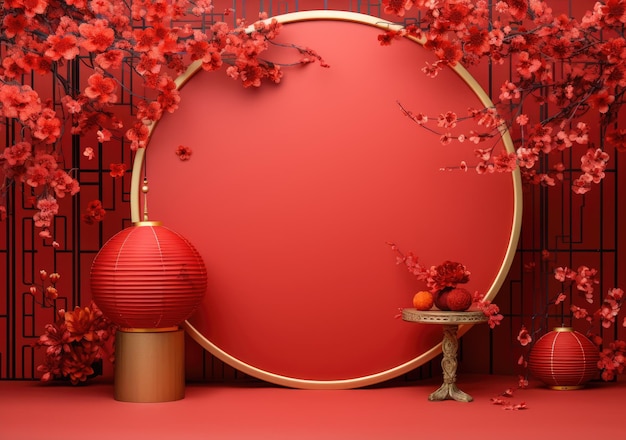 Disegno di sfondo dell'anno lunare con lingotti e fiori di ciliegio come decorazione Podium in stile cinese per il nuovo anno cinese e le feste o la festa di metà autunno