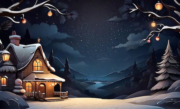 Disegno di sfondo della notte di Natale nella neve e nella casa del castello